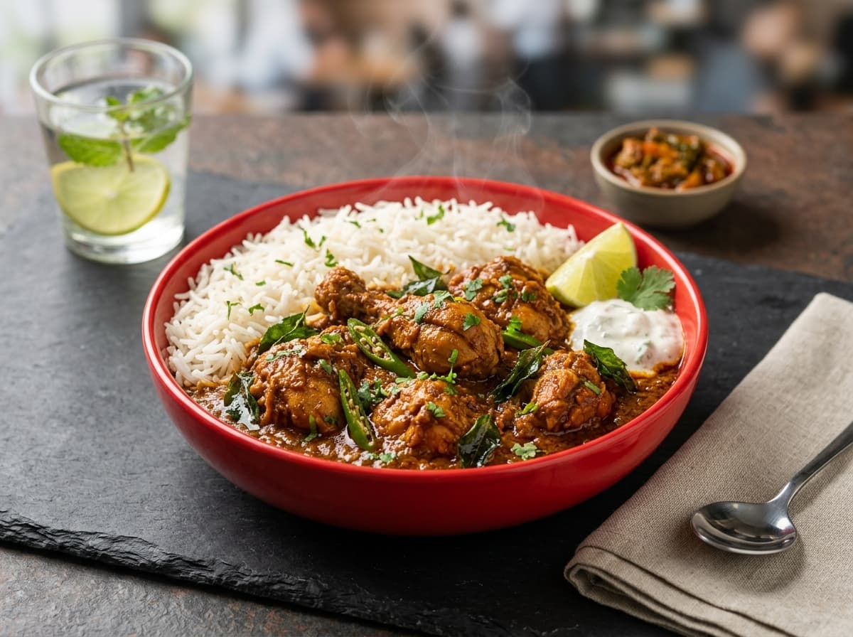 Andhra Curry Chicken Rice Bowl with spicy regional curry and curry leaves over steamed rice