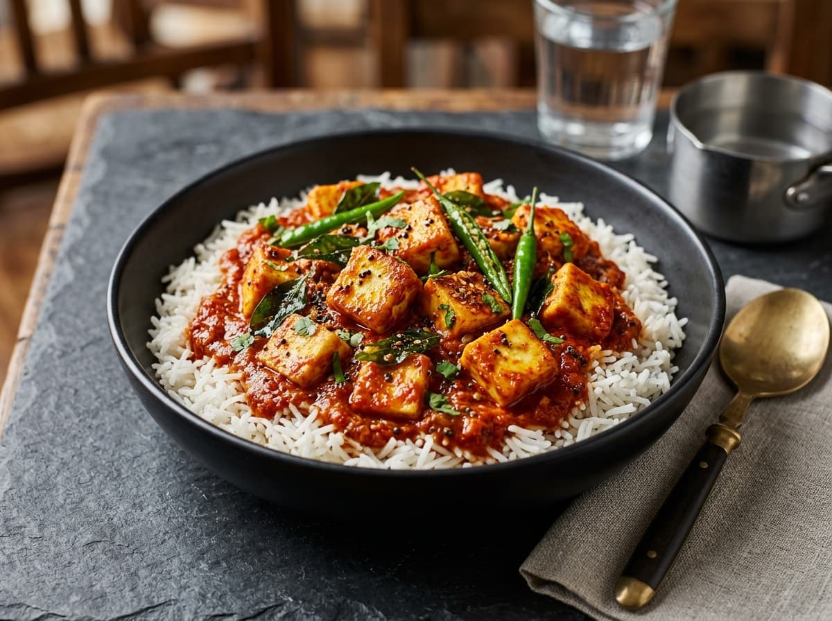 Andhra Curry Paneer Rice Bowl with fiery red spiced paneer and curry leaves over fluffy rice