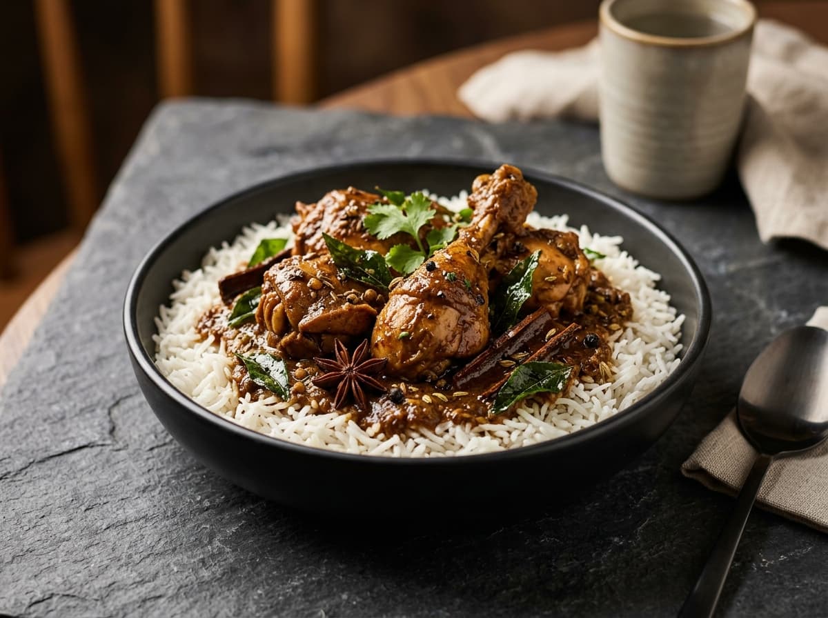 Chettinad Chicken Rice Bowl with chicken simmered in roasted black pepper and South Indian Chettinad curry over rice