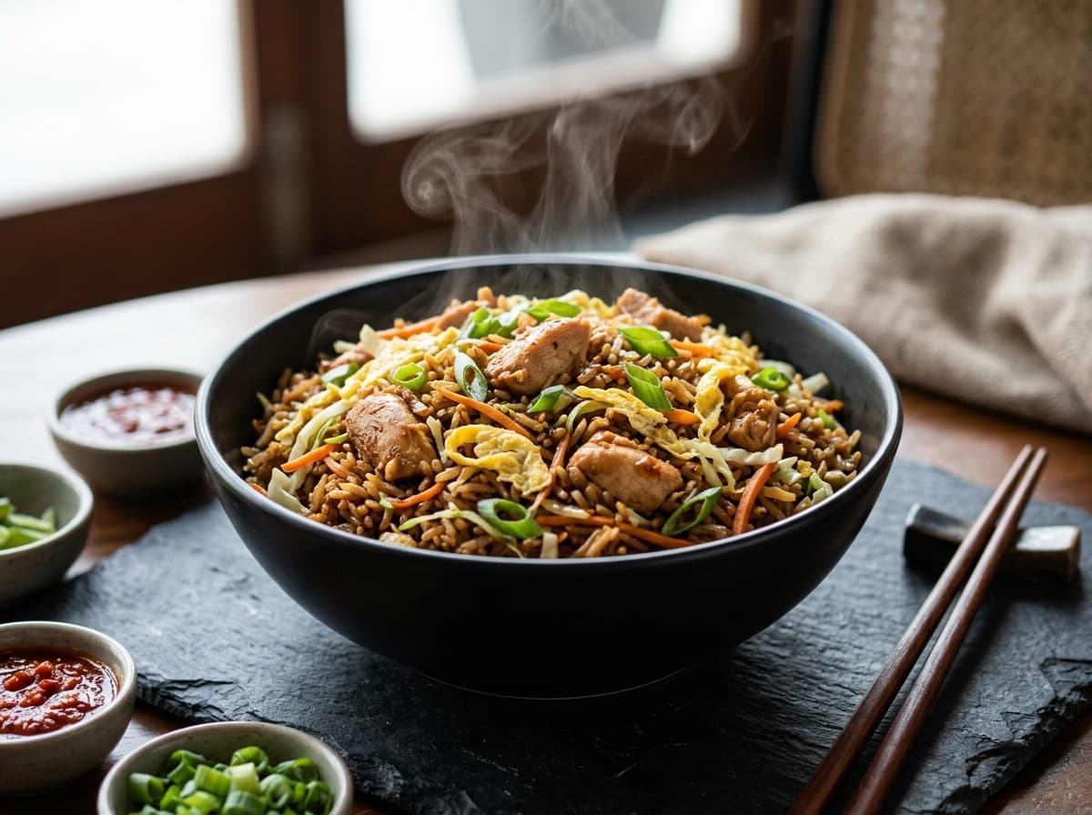 Chicken Fried Rice wok-tossed with juicy chicken bites, egg, and fresh vegetables
