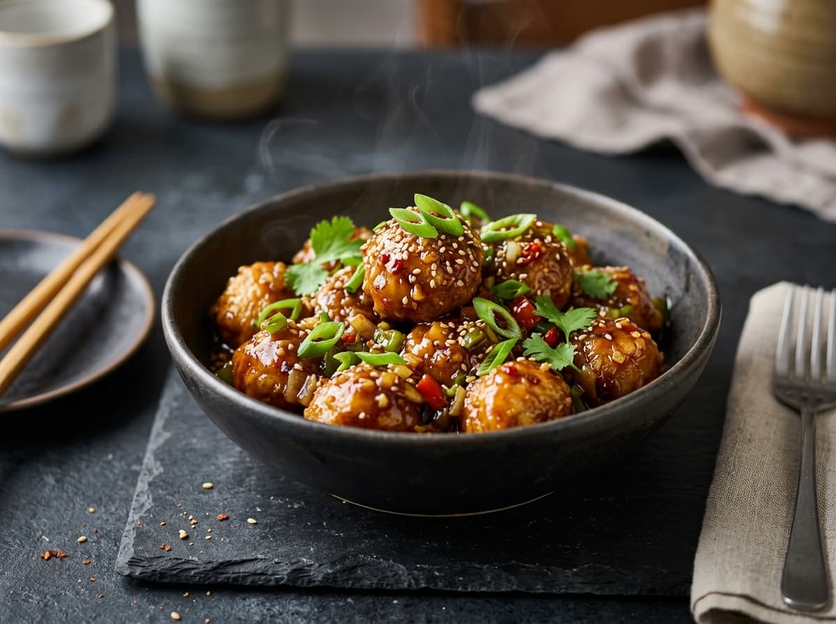 Chicken Manchurian dumplings in aromatic soy and garlic sauce