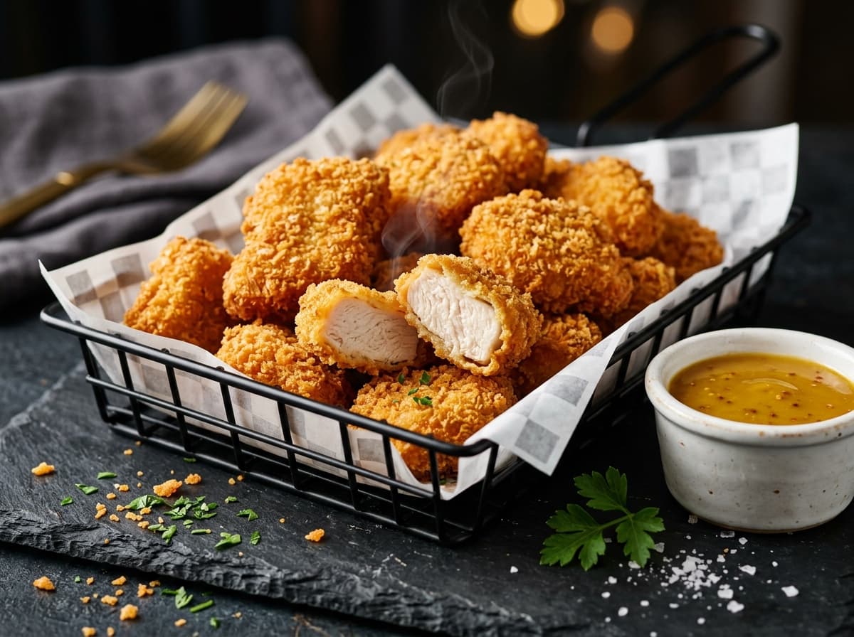 Golden crispy Chicken Nuggets with crunchy crumb coating