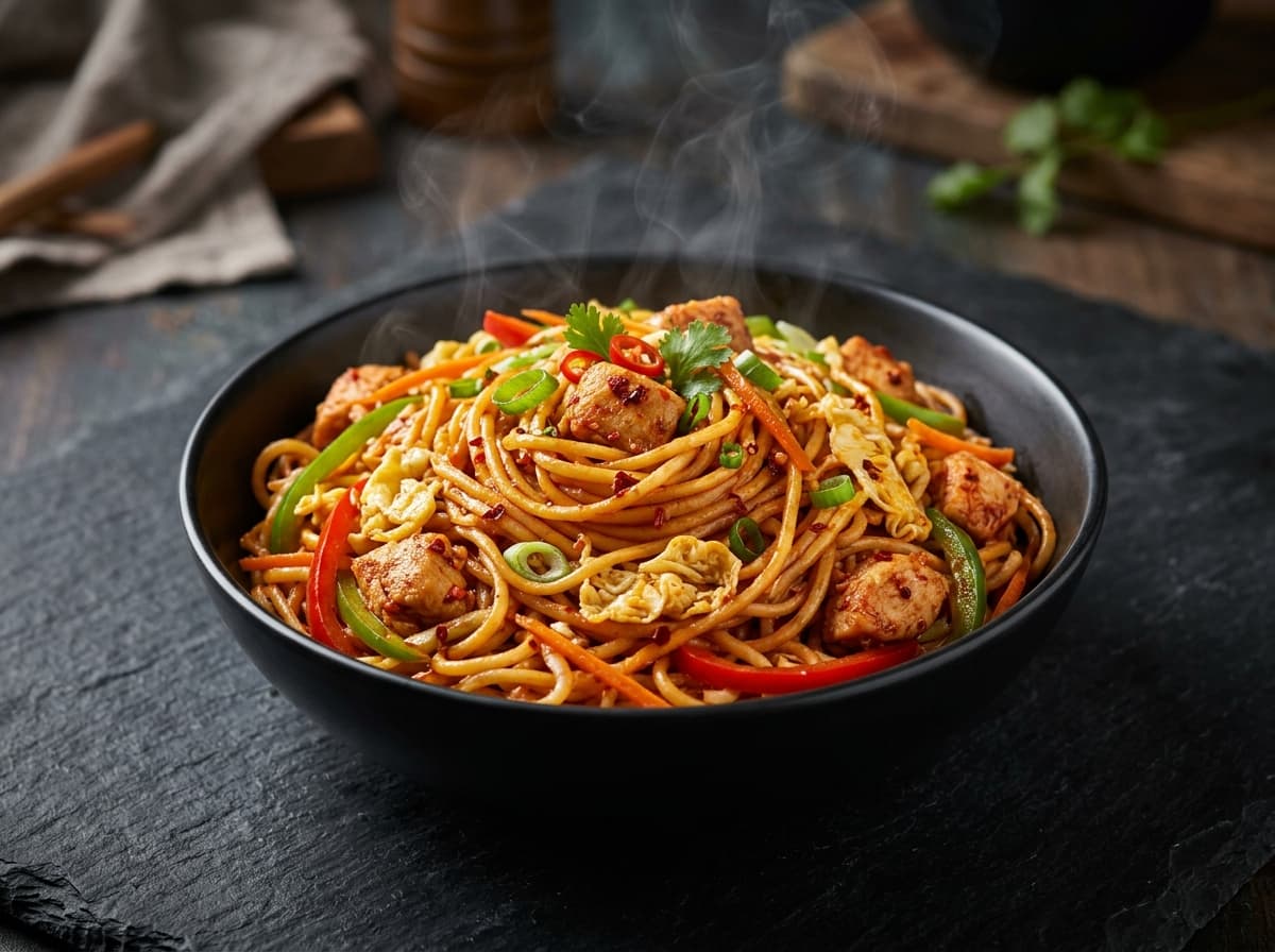 Chicken Schezwan Fried Noodles with tender chicken bites and intense spicy Schezwan flavor