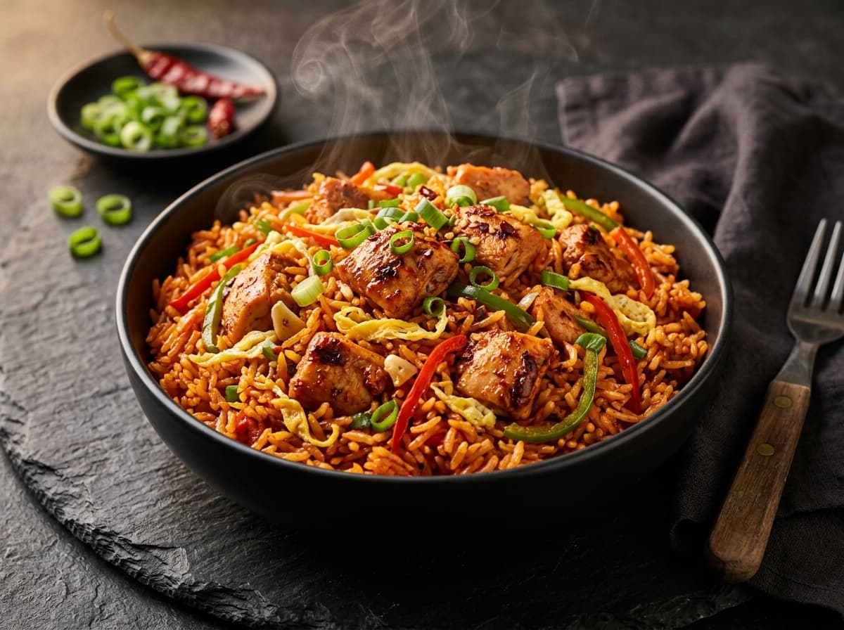 Chicken Schezwan Fried Rice with spicy chicken pieces in bold red Schezwan sauce