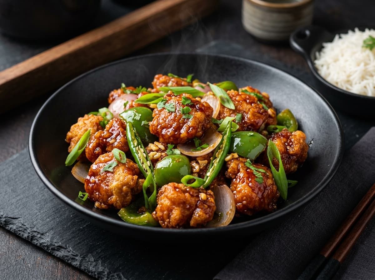 Chilly Chicken bites wok-tossed with green chilies and sliced capsicum