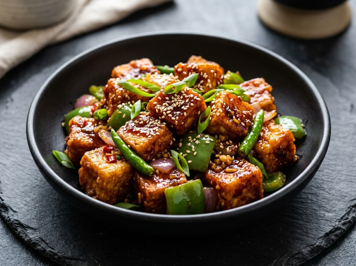 Chilly Paneer with crispy paneer cubes and crunchy bell peppers in spicy soy glaze