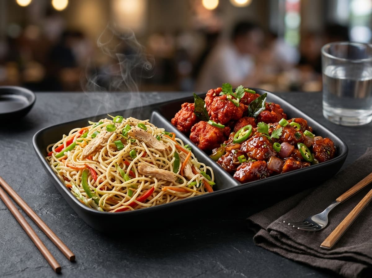 Chicken Noodles combo served with choice of chicken starter trio