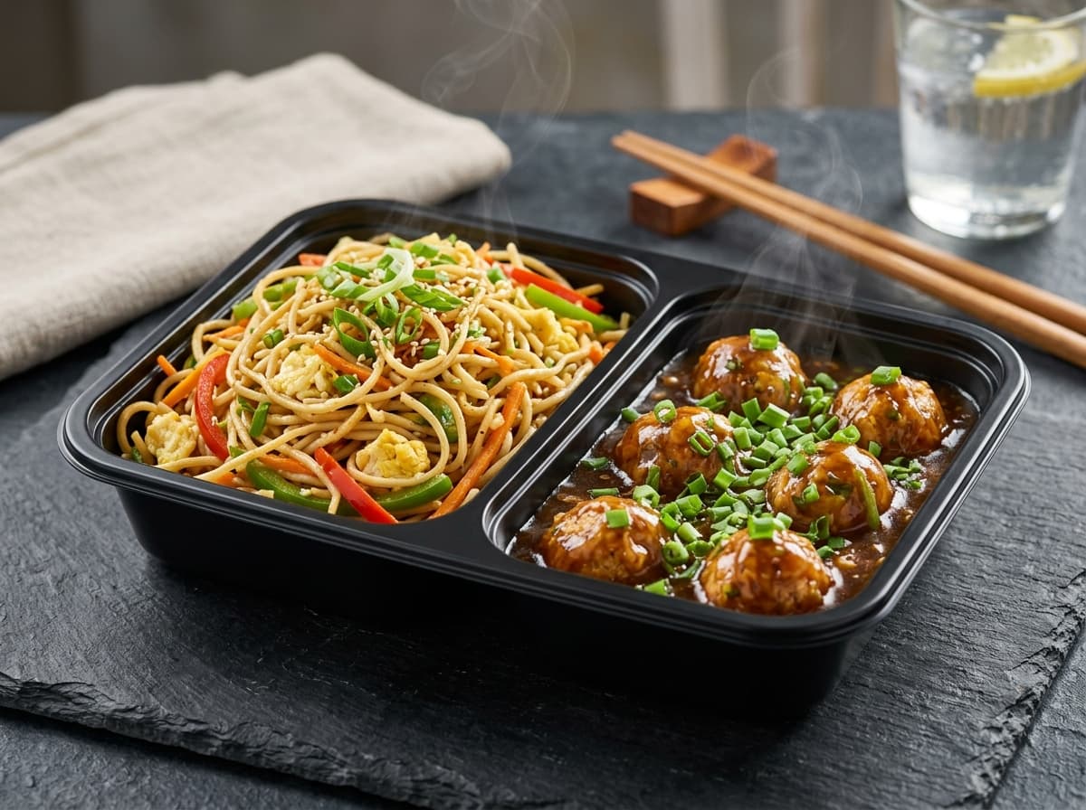 Egg Noodles combo accompanied by vegetable Manchurian in sauce