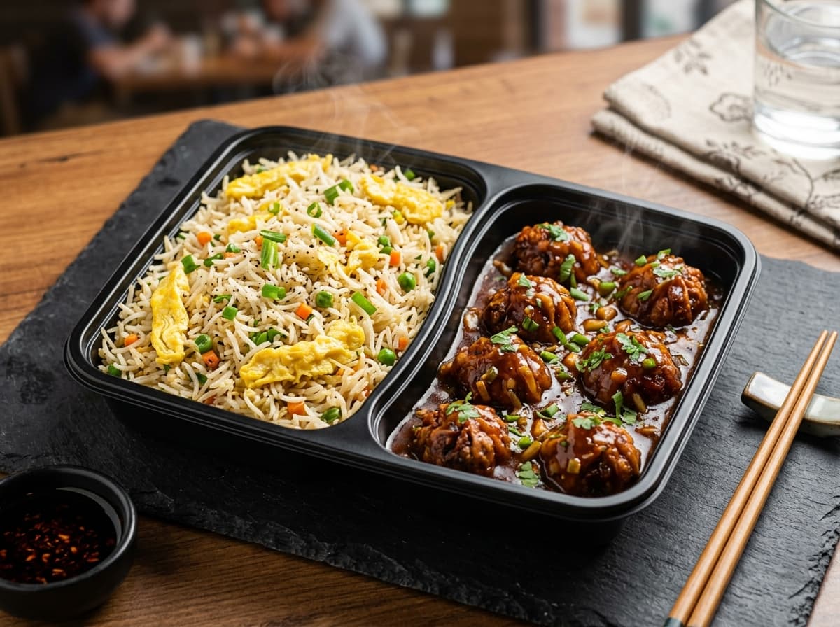 Egg Fried Rice combo with savory vegetable Manchurian gravy