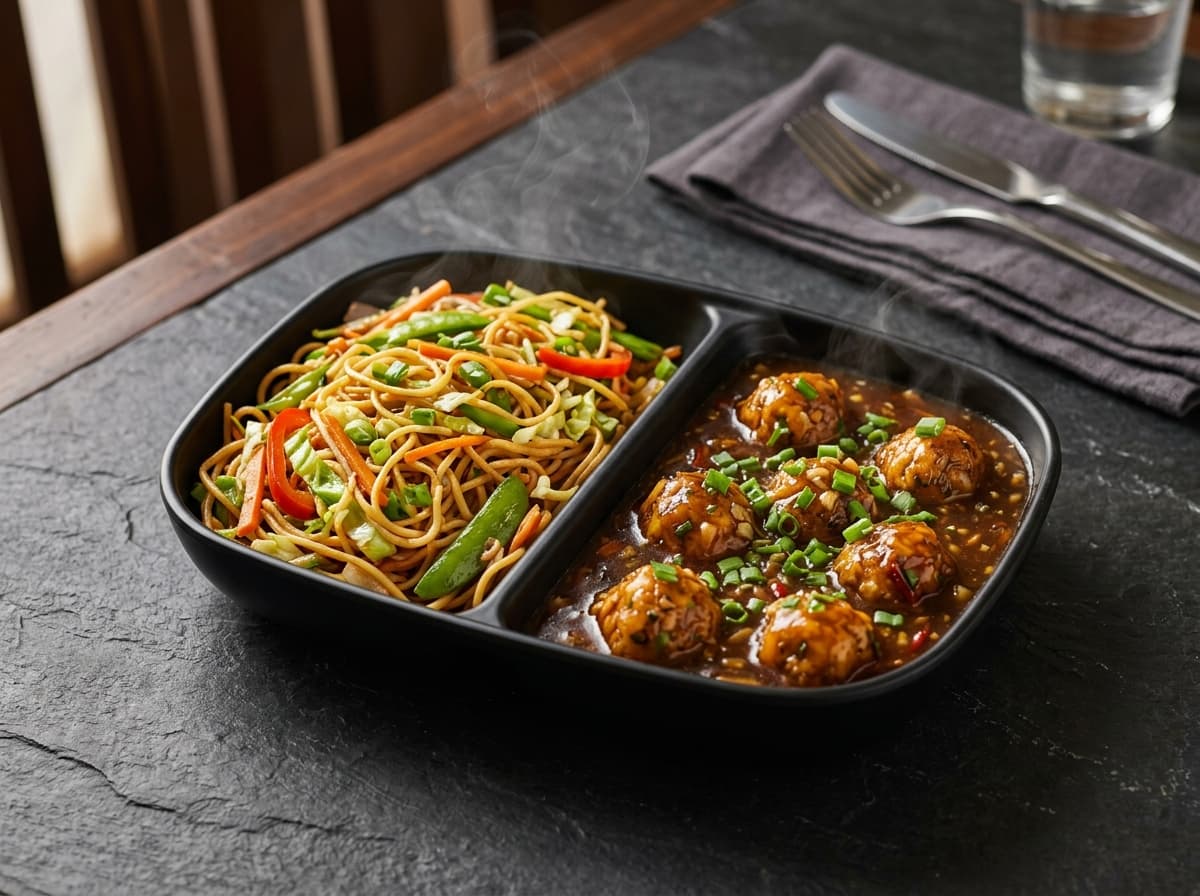 Wok-tossed Veg Noodles served with vegetable Manchurian in sauce
