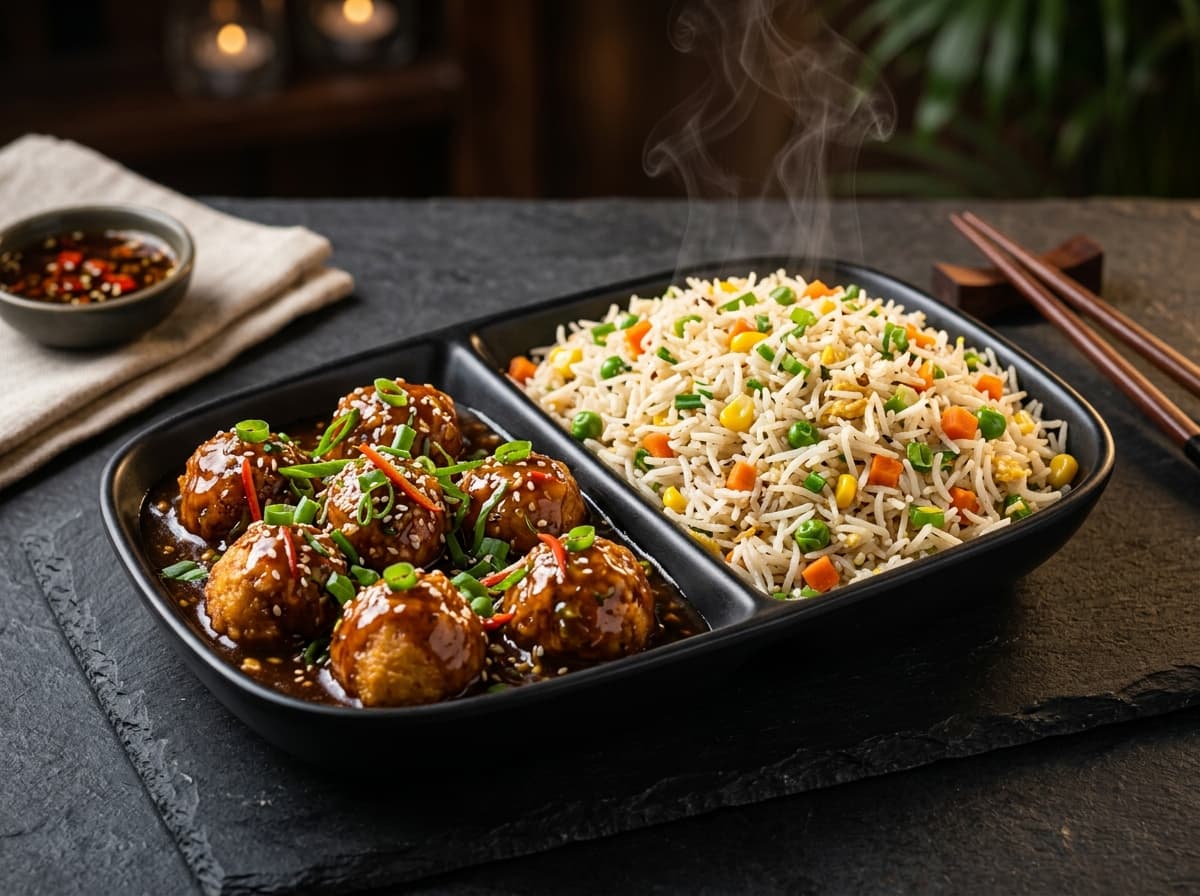 Veg Fried Rice paired with vegetable Manchurian dumplings in gravy