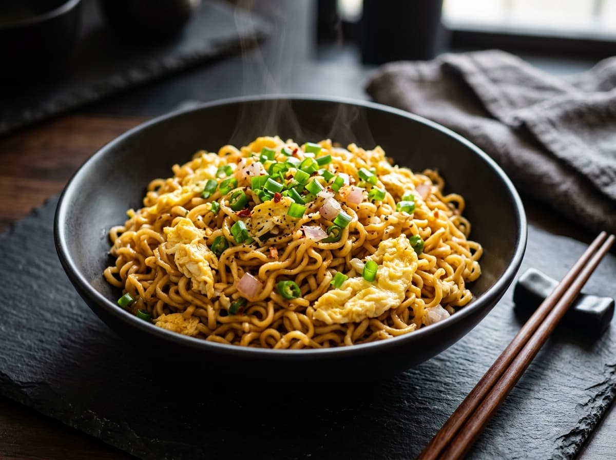 Egg Fried Maggi noodles scrambled with fresh eggs and herbs