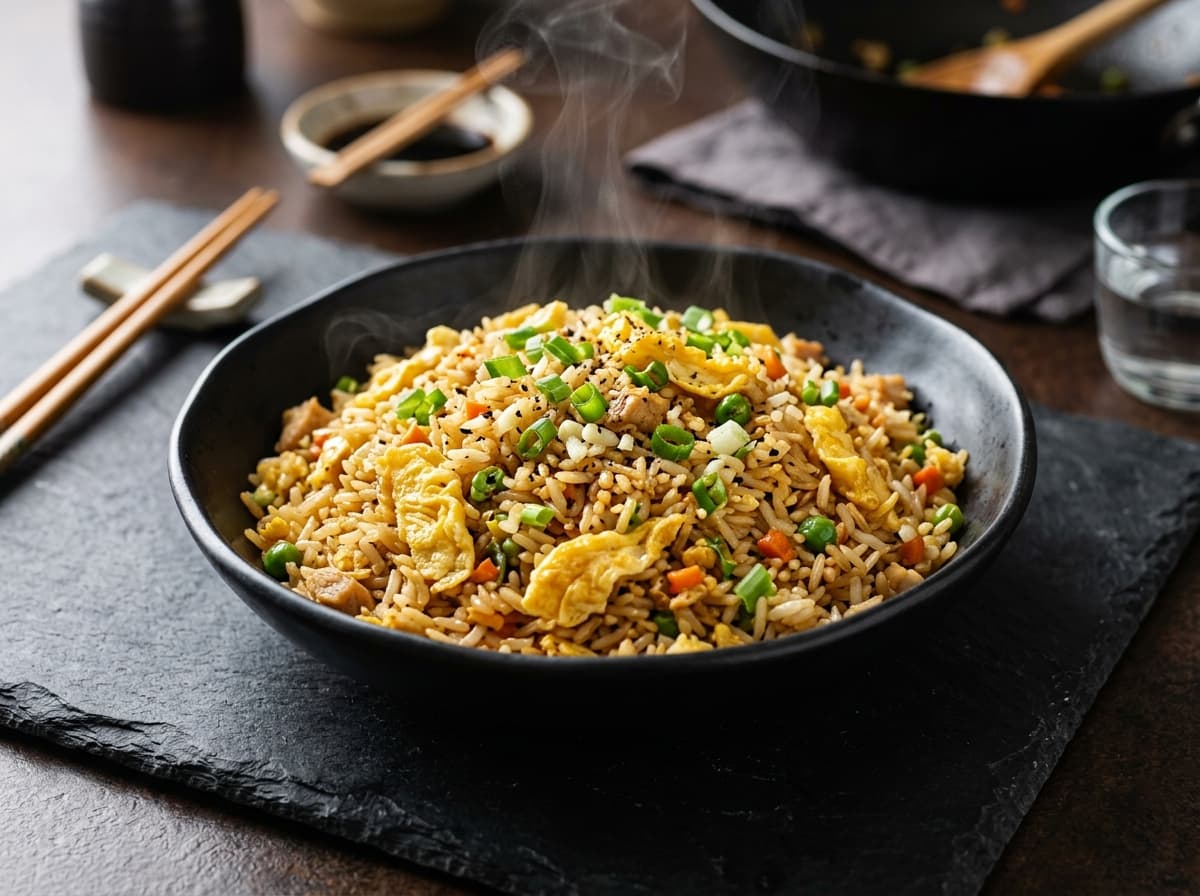 Egg Fried Rice with fluffy scrambled egg ribbons and fresh vegetables