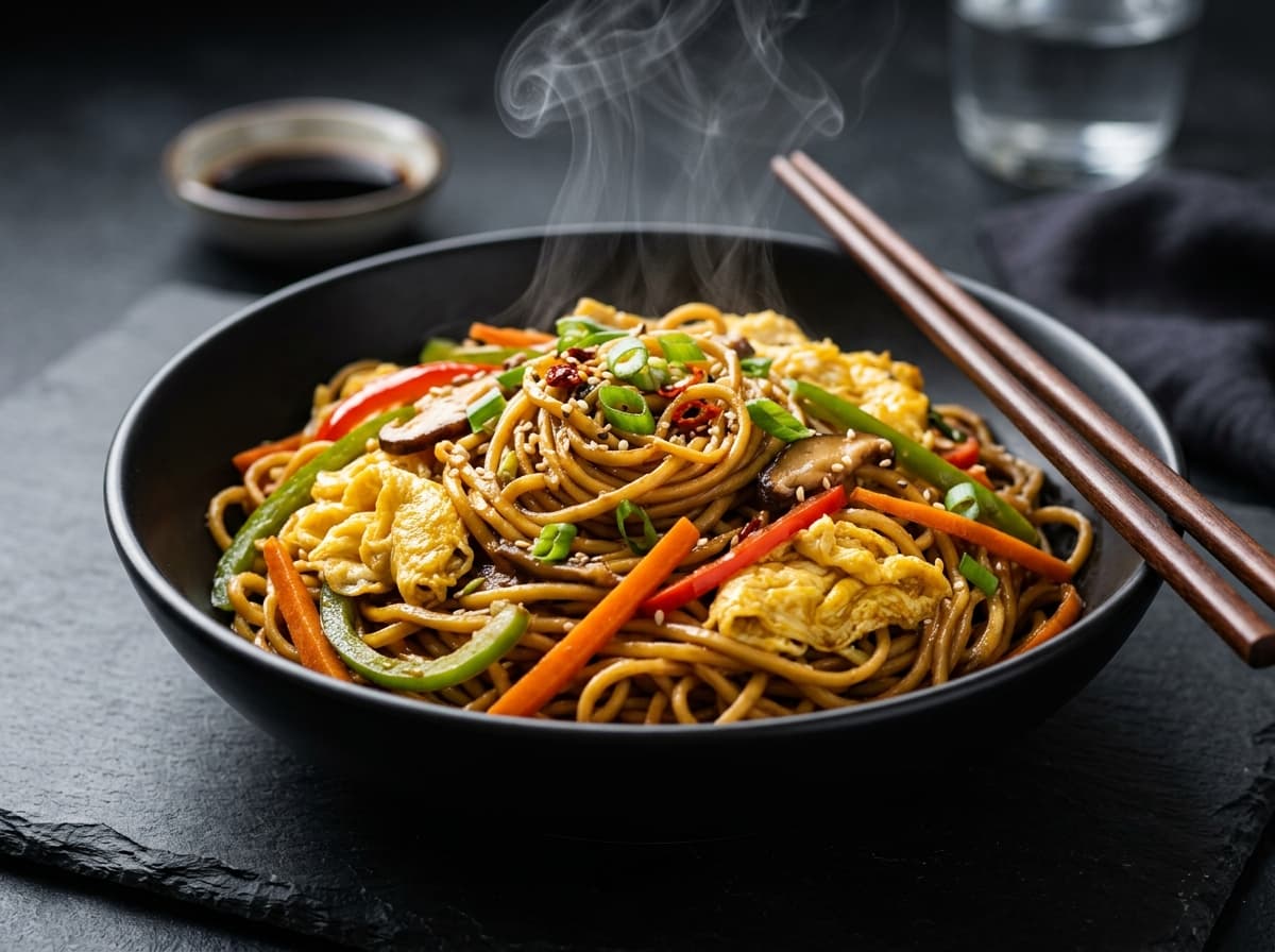 Egg Noodles wok-tossed with scrambled egg ribbons and light soy