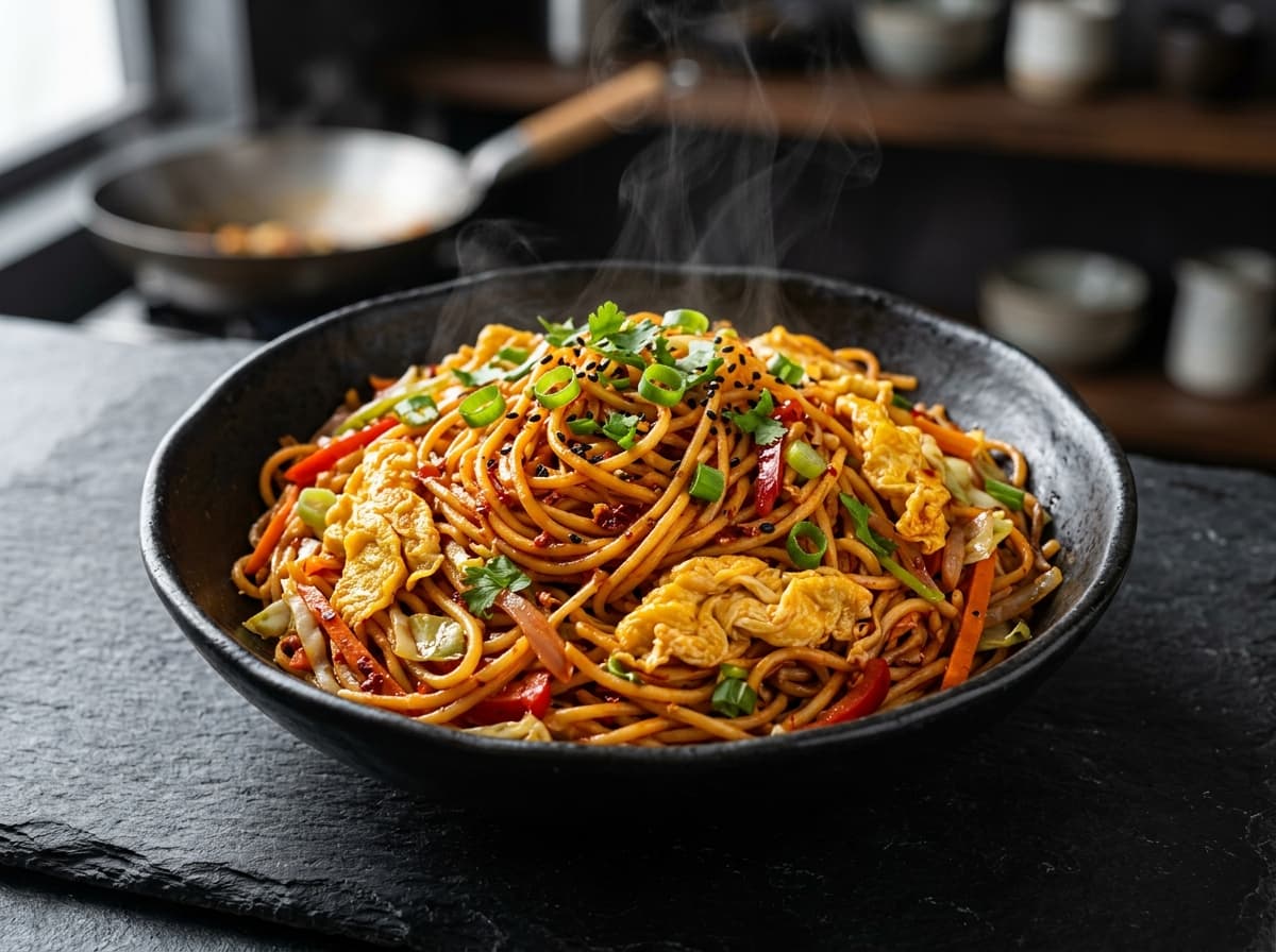 Egg Schezwan Fried Noodles stir-fried with scrambled eggs and garlic chili paste