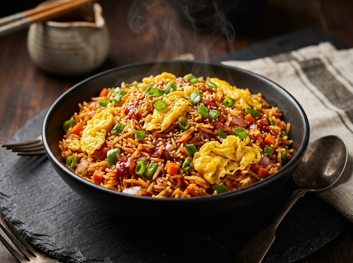 Egg Schezwan Fried Rice with scrambled eggs and zesty Schezwan chili oil