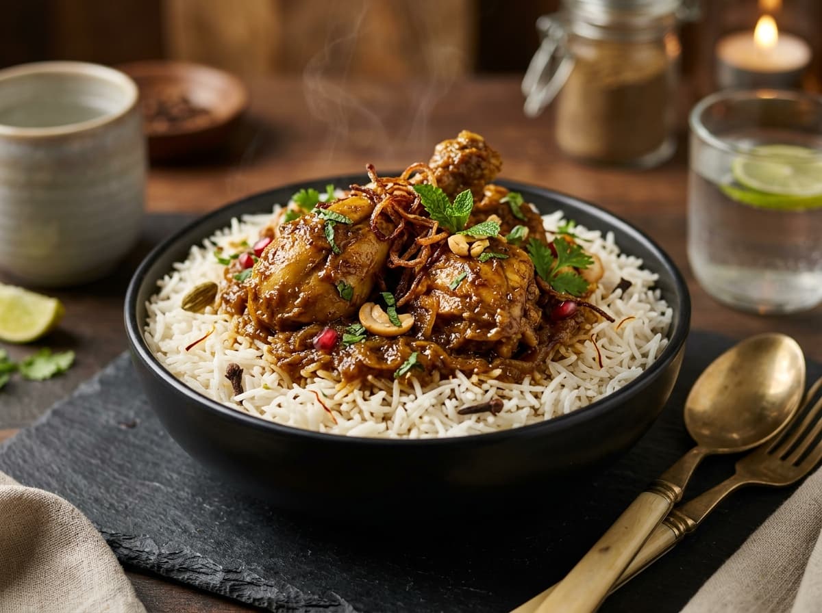 Hyderabadi Chicken Rice Bowl with chicken simmered in rich caramelized brown onion gravy over aromatic rice