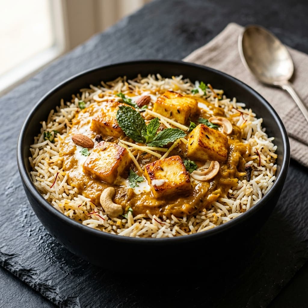 Hyderabadi Paneer Rice Bowl with paneer in slow-cooked rich gravy with caramelized onions and nuts over rice