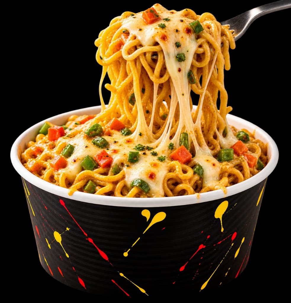 Yummpy's signature Non-Veg Maggizza with cheesy noodle pull, spiced chicken, and melted mozzarella