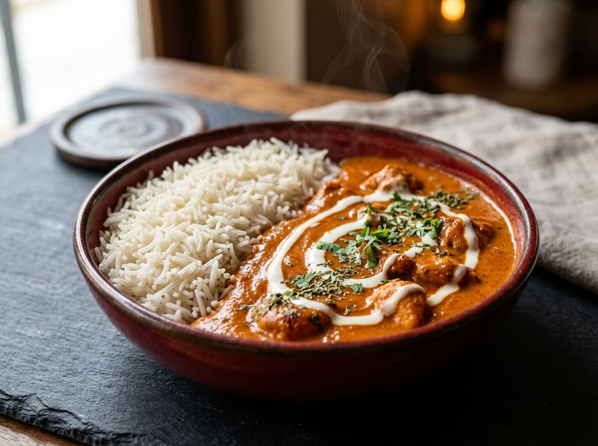 Chicken Makhani Rice Bowl with tender chicken pieces in rich buttery tomato gravy over rice