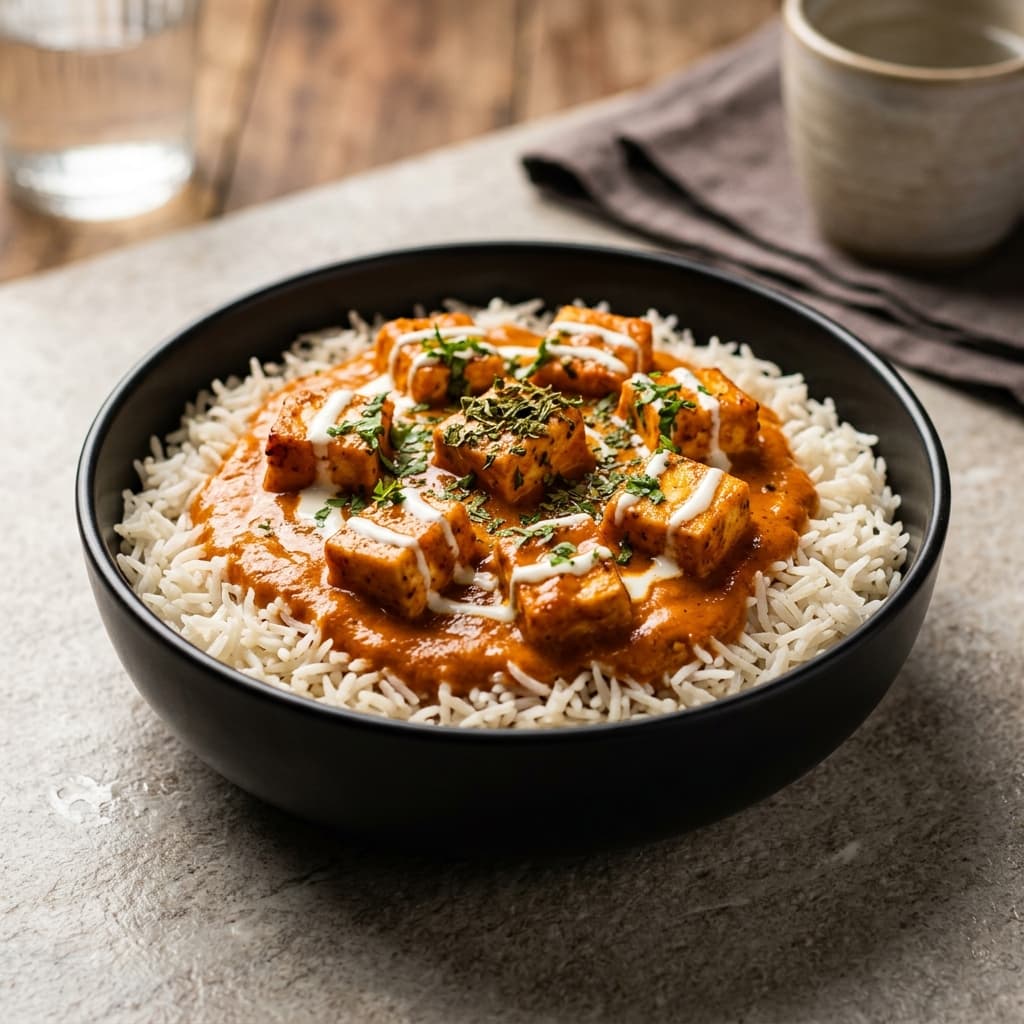 Makhani Paneer Rice Bowl with tender paneer in rich buttery tomato makhani sauce over basmati rice