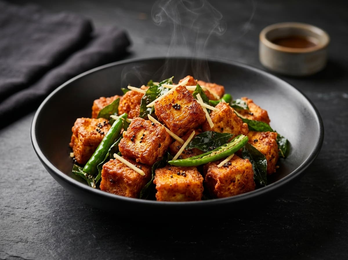 Paneer 65 crisp golden cubes tossed with curry leaves and spices