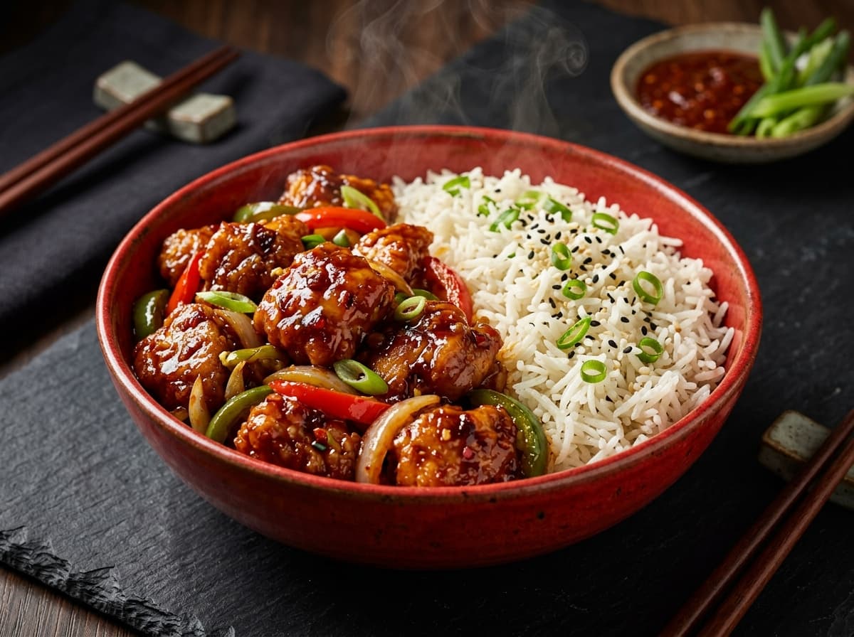 Schezwan Chicken Rice Bowl with wok-tossed spicy chicken bites and bell peppers over rice