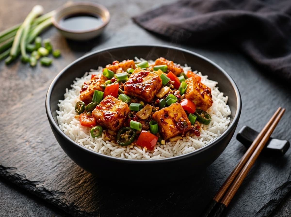 Schezwan Paneer Rice Bowl with wok-tossed paneer in zesty crimson Schezwan sauce and scallions over rice