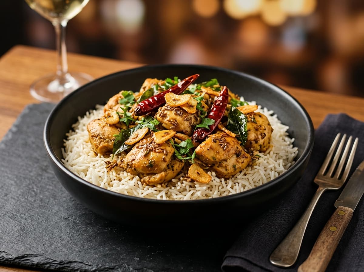 Tadka Chicken Rice Bowl with tender spiced chicken pieces and fried garlic cumin tempering over rice