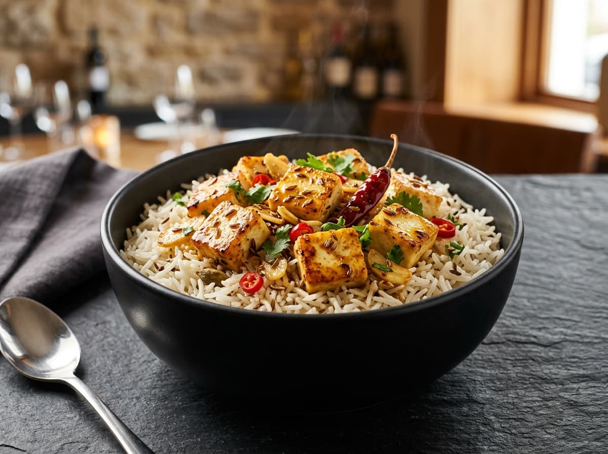 Tadka Paneer Rice Bowl with spiced paneer and aromatic garlic cumin tadka over steamed rice