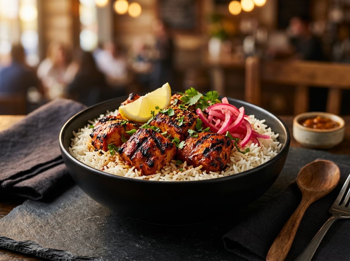 Tandoori Chicken Rice Bowl with smoky char-grilled tandoori chicken, pickled onions, and lemon over rice