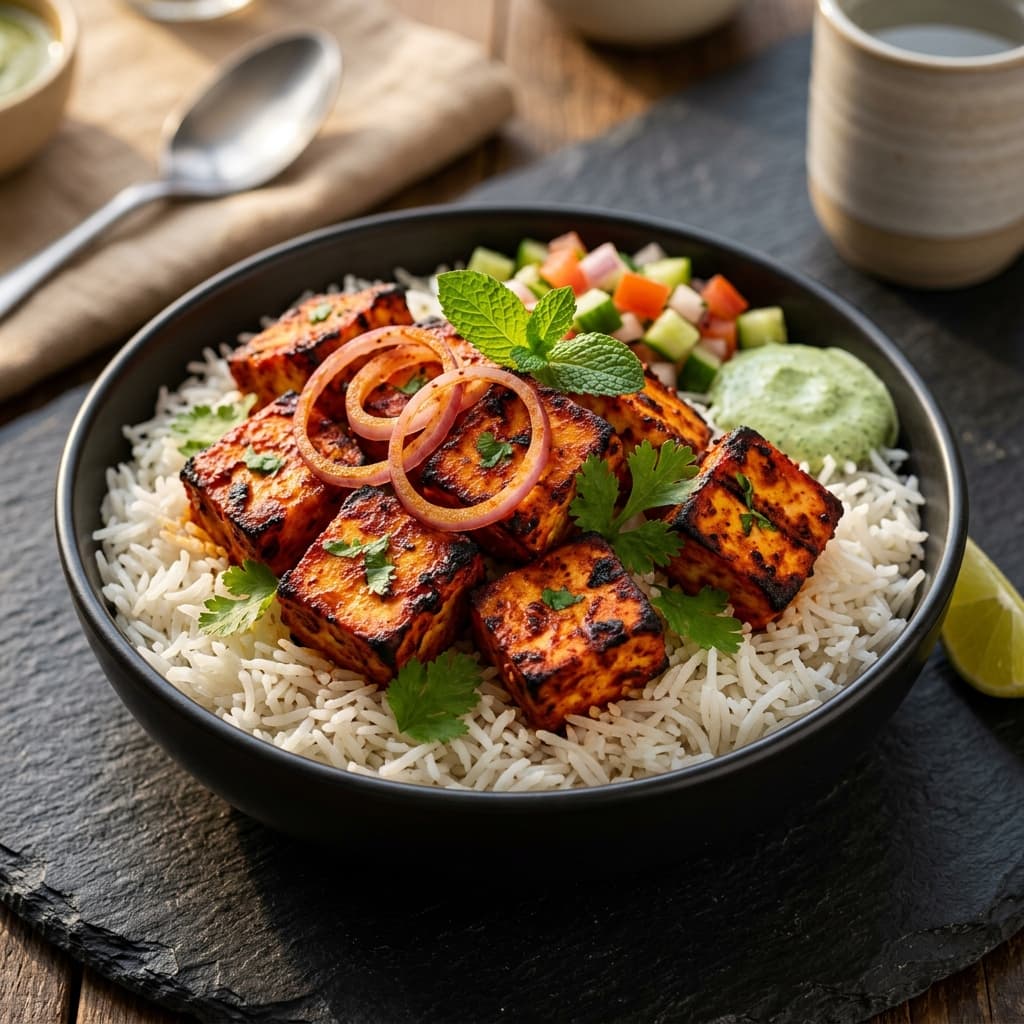 Tandoori Paneer Rice Bowl with char-grilled tandoori paneer, spiced onions, and mint over rice