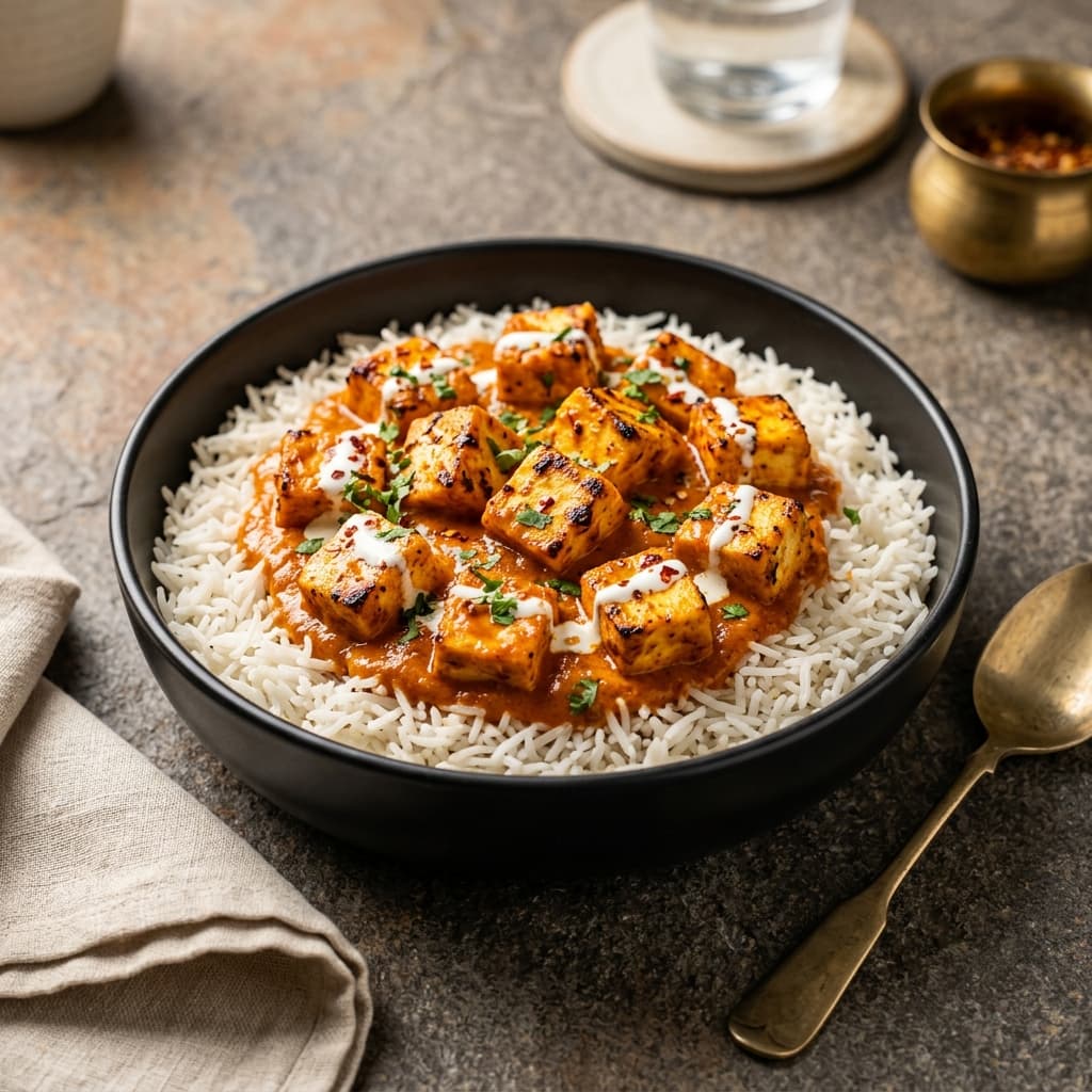 Paneer Tikka Rice Bowl with marinated grilled paneer in tikka masala gravy over basmati rice