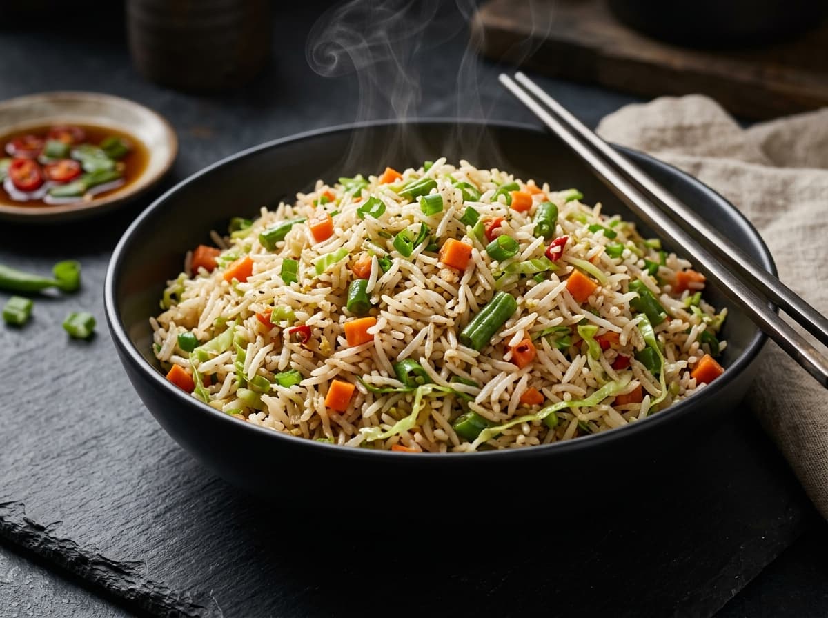 Veg Fried Rice stir-fried with diced garden vegetables in a high-flame wok