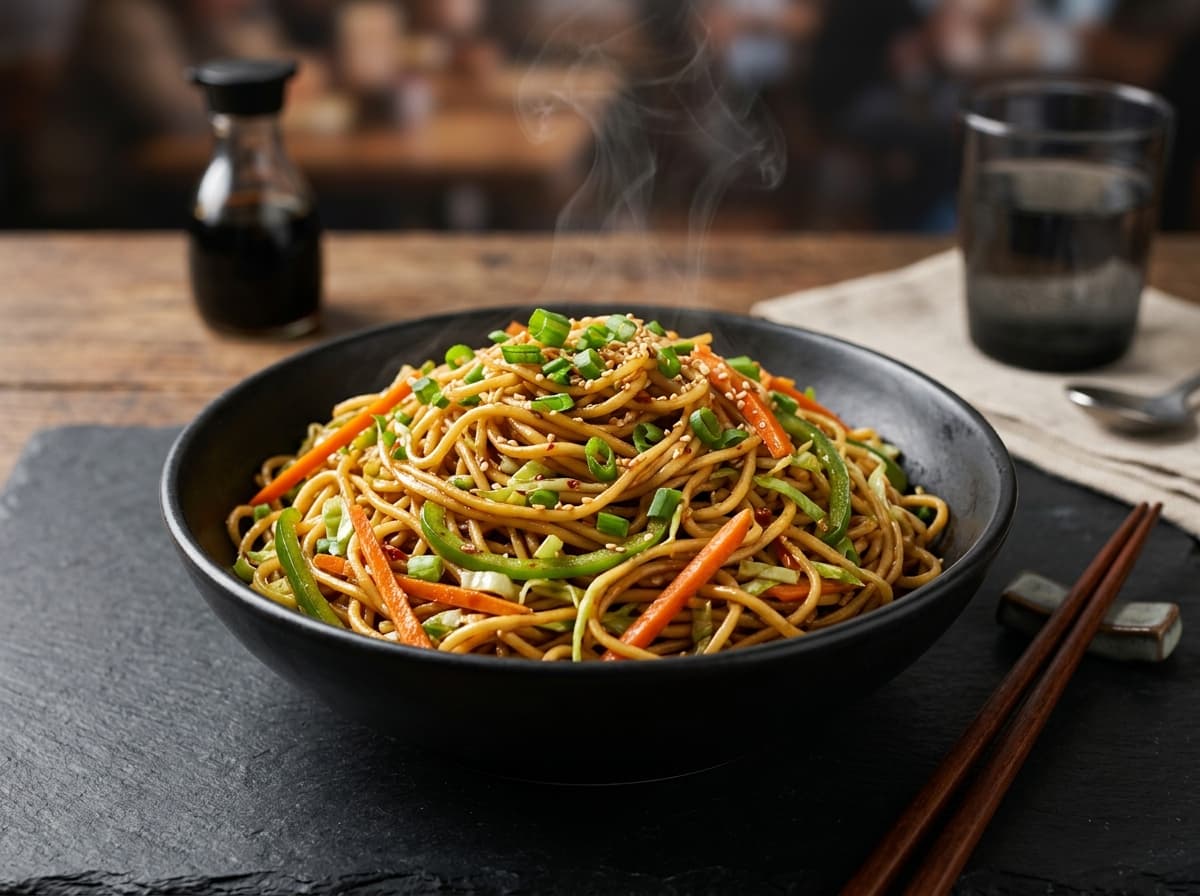 Veg Hakka Noodles stir-fried with shredded cabbage, carrots, and bell peppers