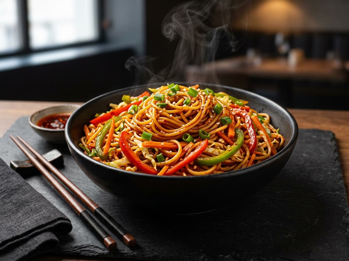 Veg Schezwan Fried Noodles tossed in spicy red Schezwan pepper sauce