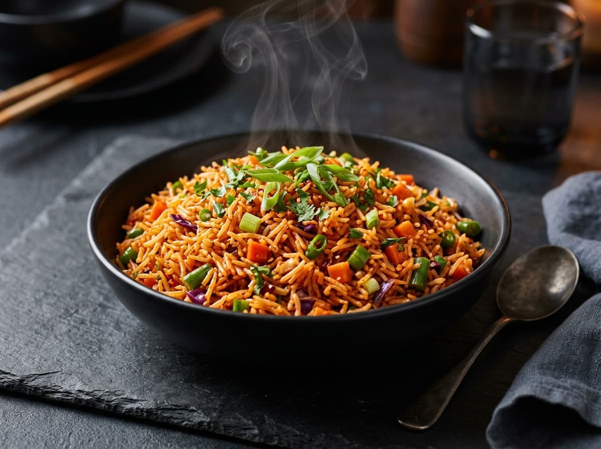Veg Schezwan Fried Rice stir-fried with fiery garlic Schezwan chili sauce